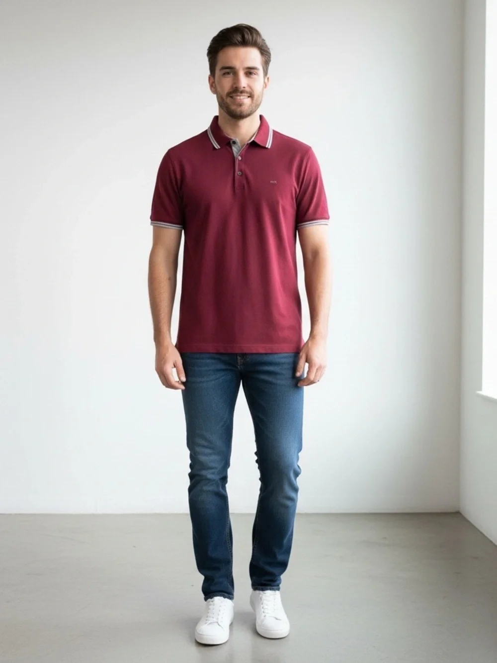 Michael Kors Men's Maroon Polo with White Contrast Stripes